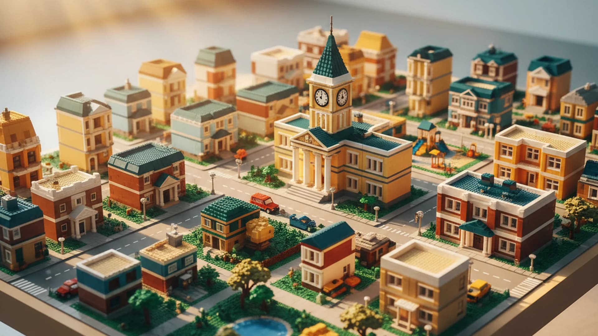 Hands building a LEGO city — civics education at Kidizens